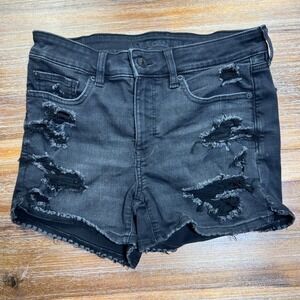 American Eagle Black Denim Shorts Distressed Ripped Next Level‎ Stretch Size 8